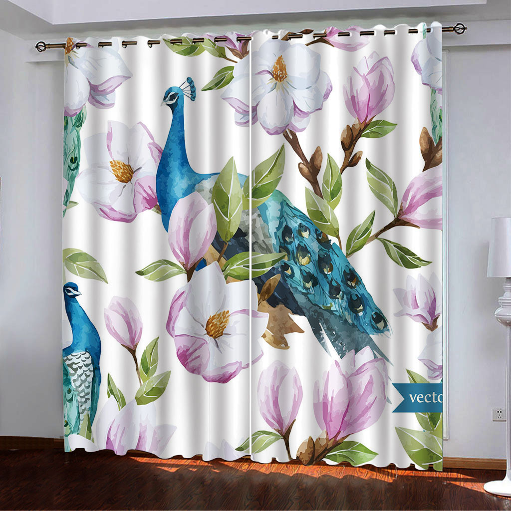 YL-37958 Floral and Bird Line Series Curtain Spring 3D Digital Print High-Density Blackout Curtains