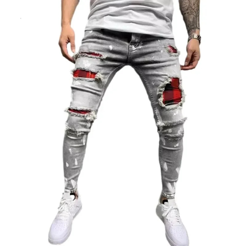 Jeans Pencil Pants Holes Distressed Men Streetwear Denims Patchwork Mid Waist Slim Fit Washed Denim Ankle Length Trousers 251209