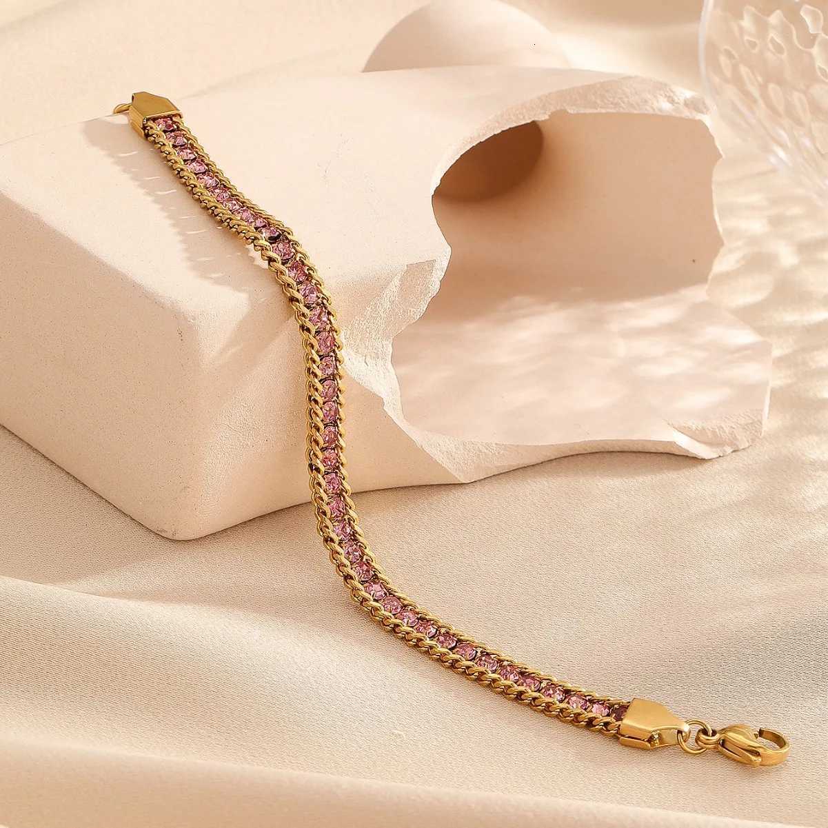 Bohemian 18K Gold Plated Stainless Steel Tennis Multi Color Zircon Chain For Women M251213