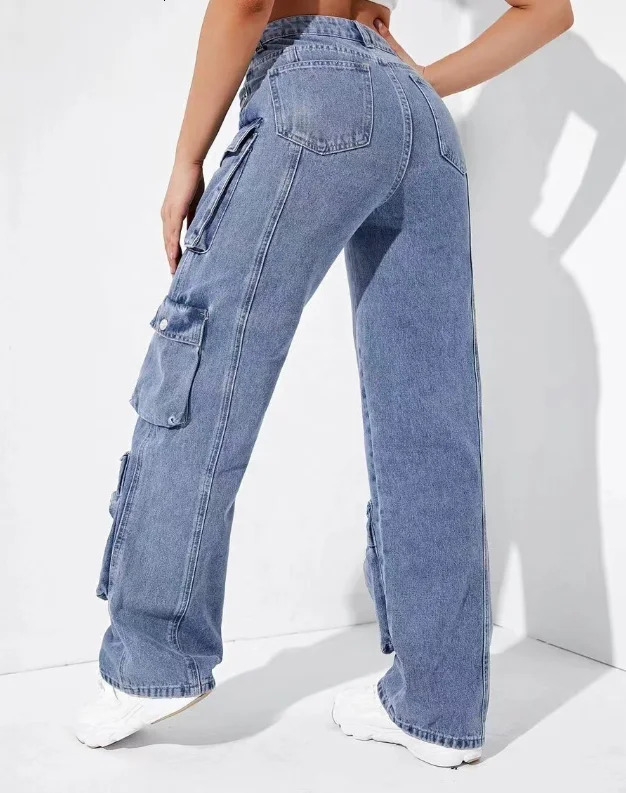 Trendy American Retro Handsome Streetwear Womens Fashion Jeans Flip Pocket Denim Cargo Pants High WaistWashed Hiphop Chic Jeans 251209 - view 4