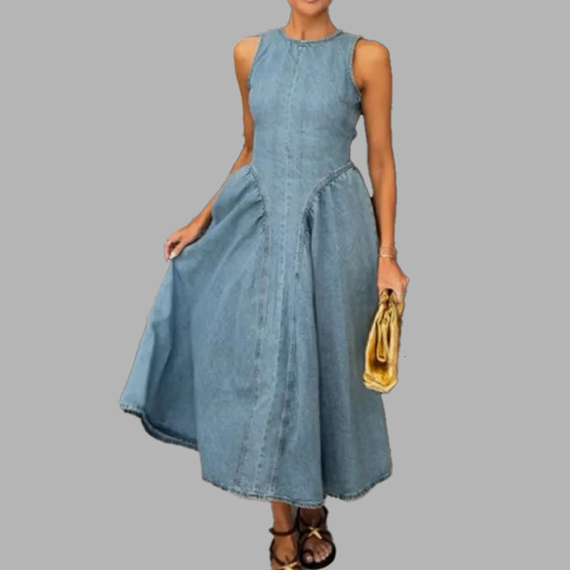 2025 Summer Solid Color Fashion Round Neck MidLength WaistCinching Sleeveless Vest Dress for Women 250526