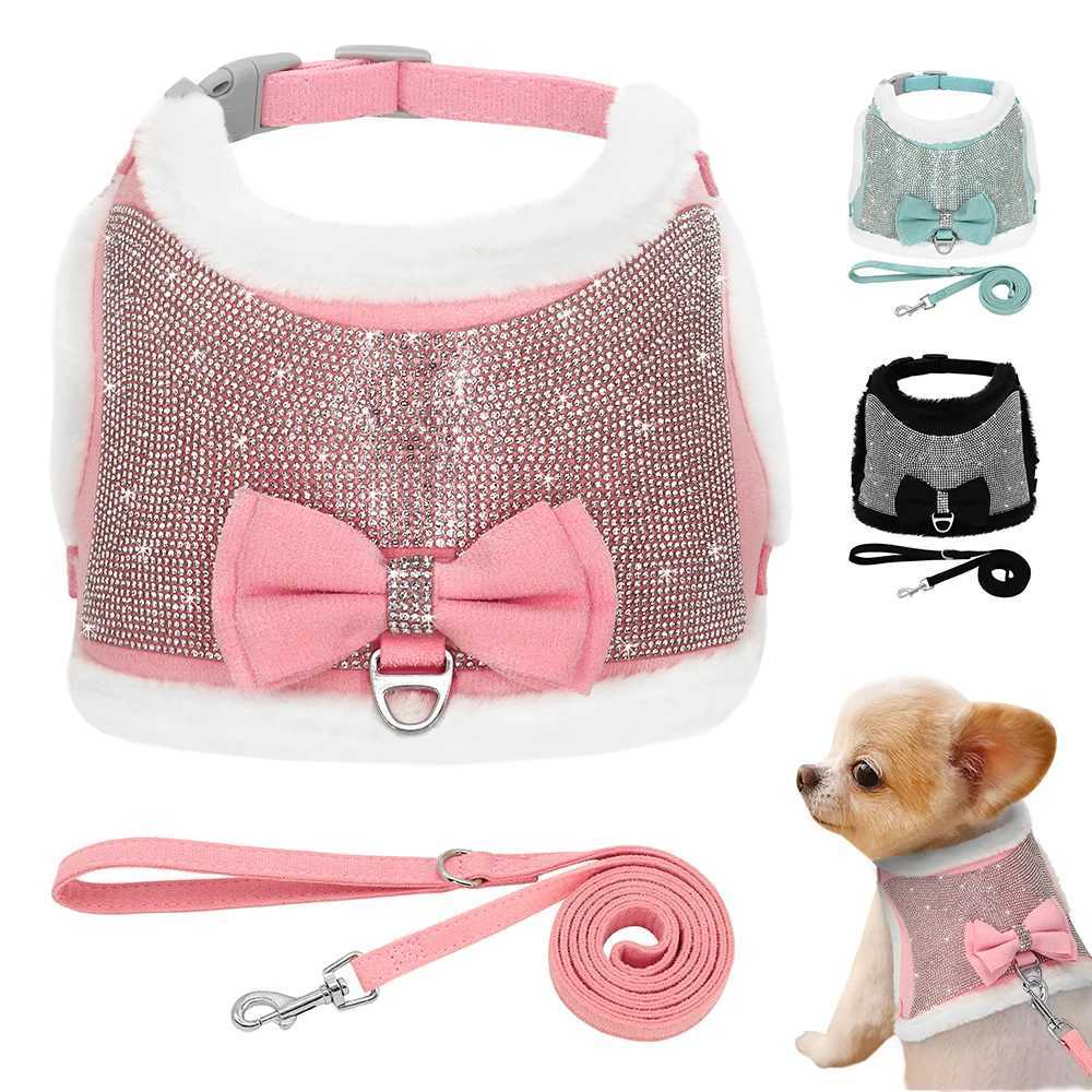 Rhinestone Dog Cat Harness Warm Winter Dog Harness Leash Set Puppy Clothes Fleece Pet Coat Vest For Small Dogs Chihuahua Yorkie M251213