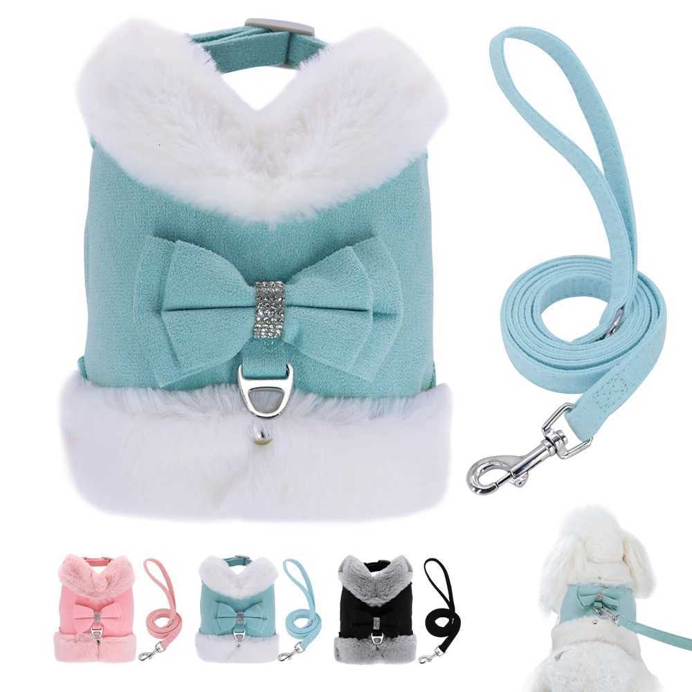 Bowknot Small Dog Cat Harness Leash Set Warm Soft Fur Harness Vest Breathable Puppy Pet Harness Lead For Small Dog Yorkshire Pug M251213