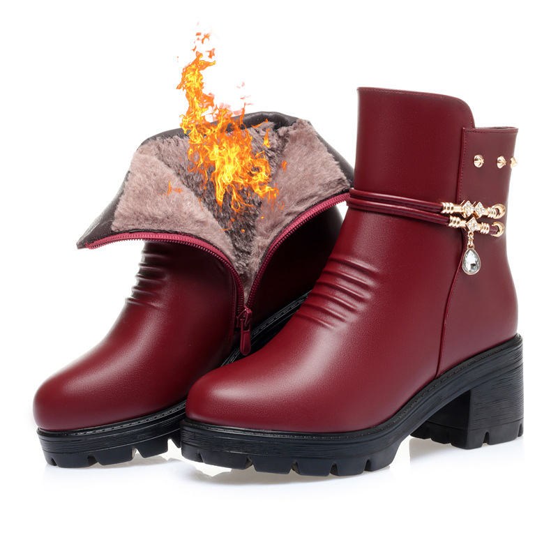 Free Shipping 2025 Genuine Soft Leather Women's Winter Boots, Plush Lined Chunky Mid Heel Thermal Ankle Boots Comfortable & Warm