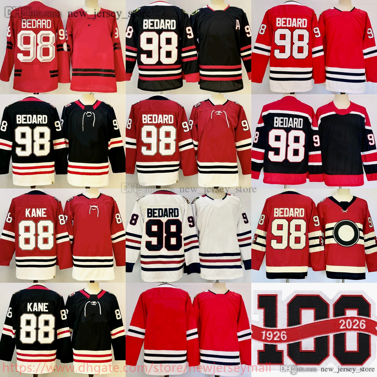 2025-26 New Ice Hockey 98 Connor Bedard Jersey Embroidery 100th 88 Patrick Kane Jerseys White Red Black Retro Jersey Man Youth Kids Breathable Sport