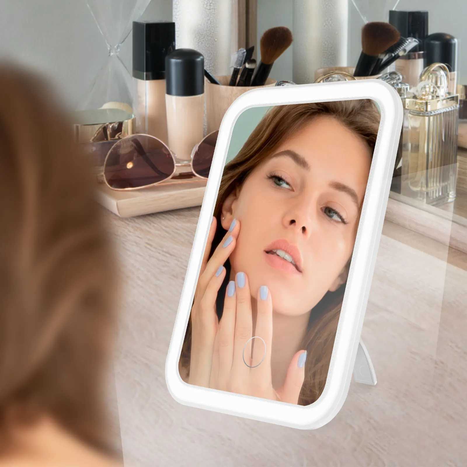 LED Dimmable Makeup Mirror Desktop Folding Compact Square Travel Cosmetic Portable Lighted Vanity Mirror Touch Screen TabletopT251213