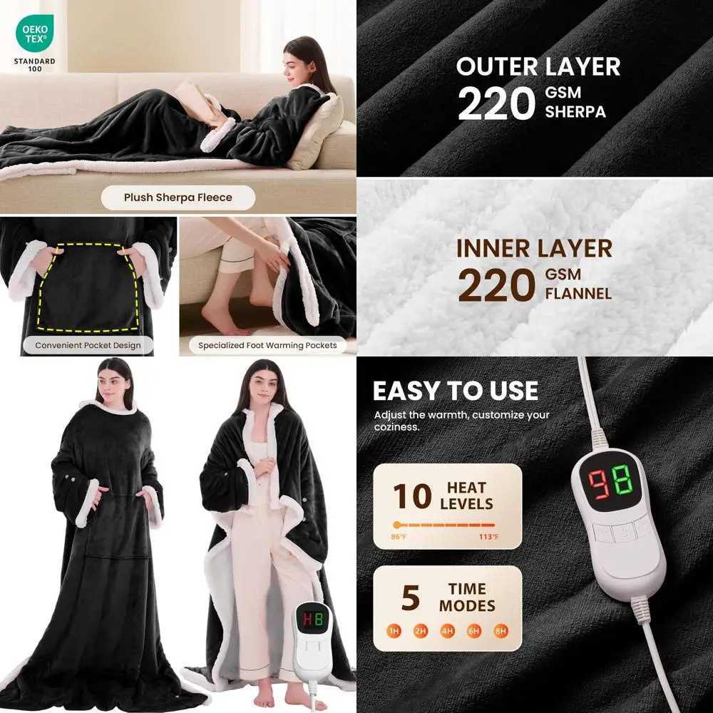 10-Level Adjustable Heated Wearable Blanket with Sleeves and Foot Pockets for Adults - 50x75 Black Flannel Hoodie Y251212