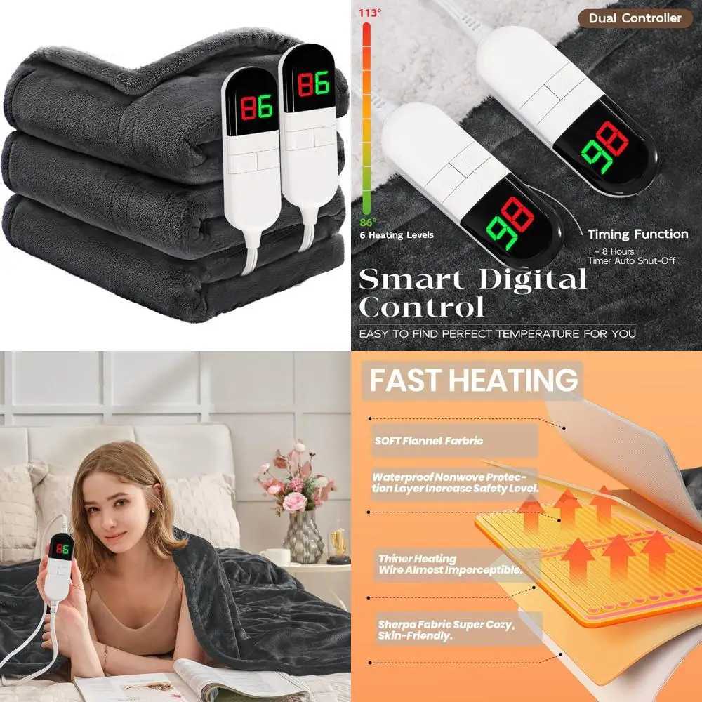 Queen Size 84x90 Electric Heated Blanket - 6-Level Warmth Dual Controls Fast Heating Sherpa Flannel Auto-Off Washable Grey Y251212