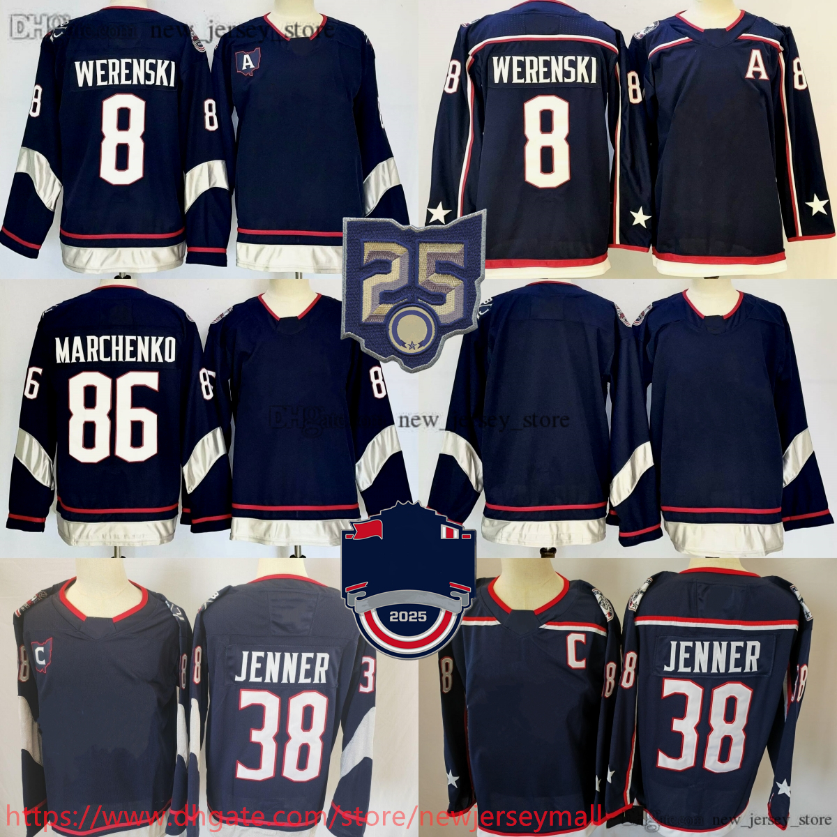 2025-26 New Hockey 38 Boone Jenner Jersey Embroidery 86 Kirill Marchenko 8 Zach Werenski Jerseys Navy Blue 25th Hockey Wear Ice Sport