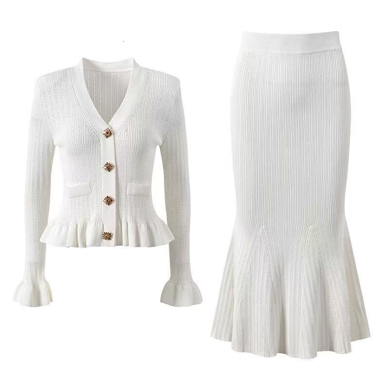 French V-neck Ruffled Long Sleeve Cardigan Bodycon Mermaid Long Dress Stretch Knit Two-piece Set for Women