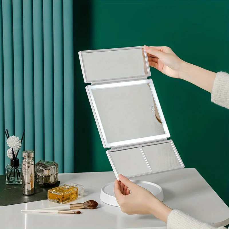 Tri-fold Lighted Vanity Makeup Mirror With 3x/2x Magnification LED 3 Color Light Countertop Cosmetic Mirror Travel Folding MakT251213