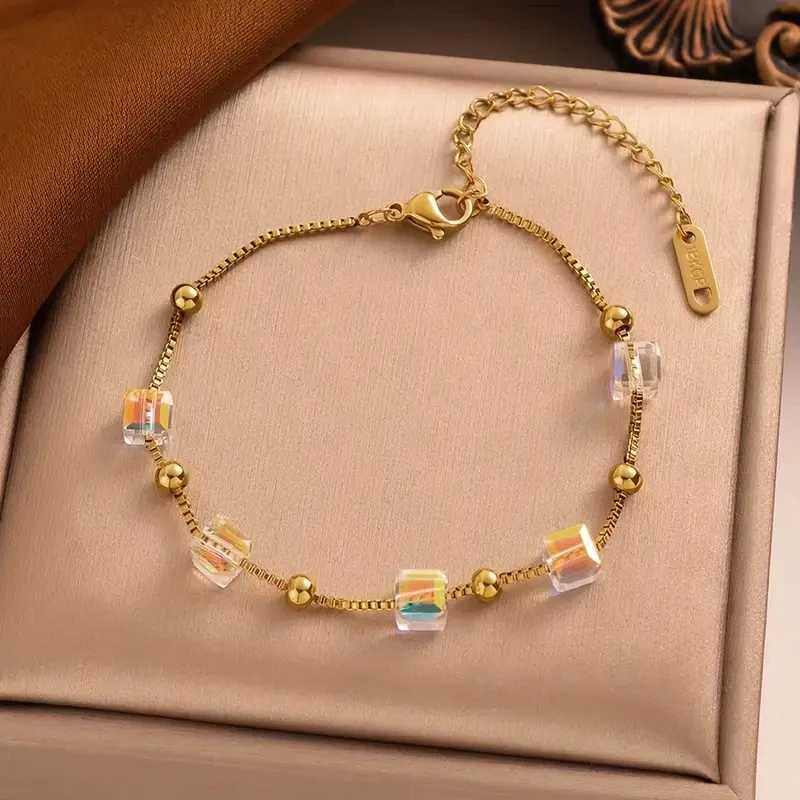 Elegant Retro Adjustable Stainless Steel with Square And round Beads Gold Chain Link Fashion Accessory M251213