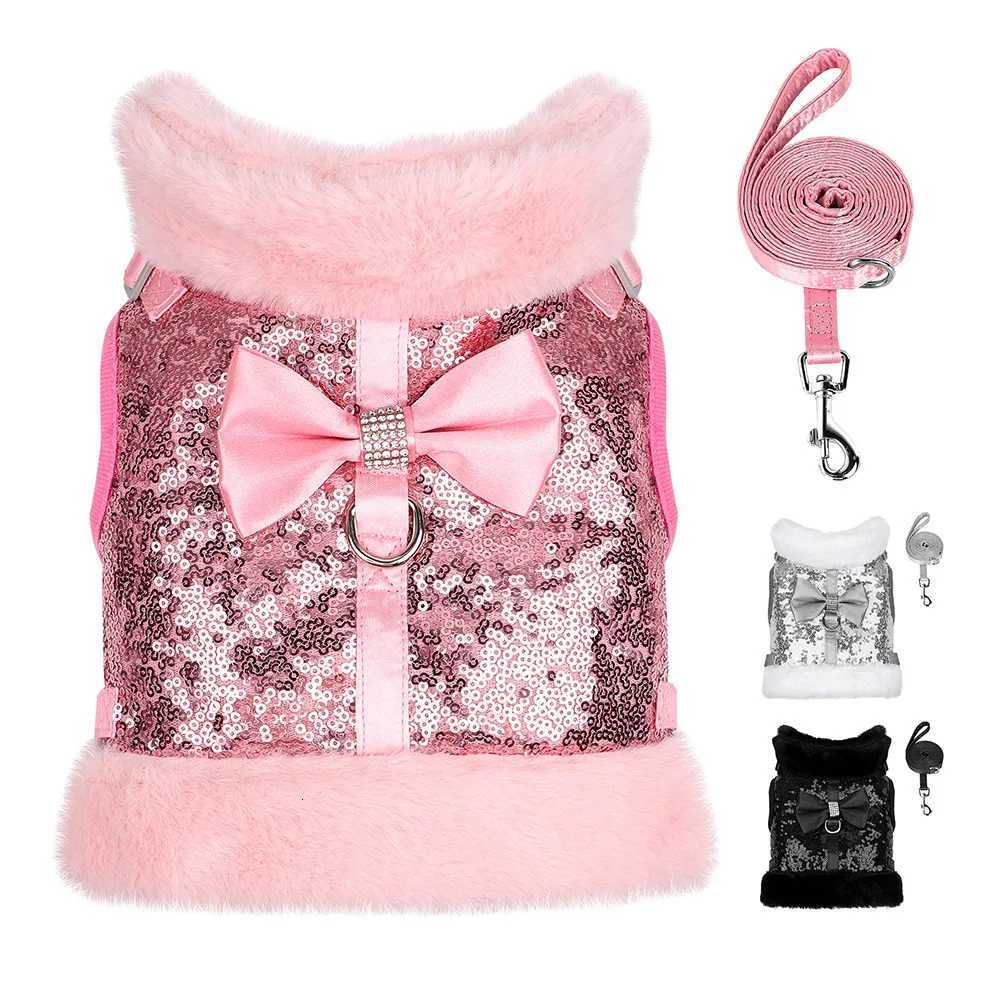 Winter Dog Harness Leash Set Warm Puppy Cat Harnesses With Fur Collar Bling Sequines Pet Vests For Dogs Cats Bowknot Accessories M251213