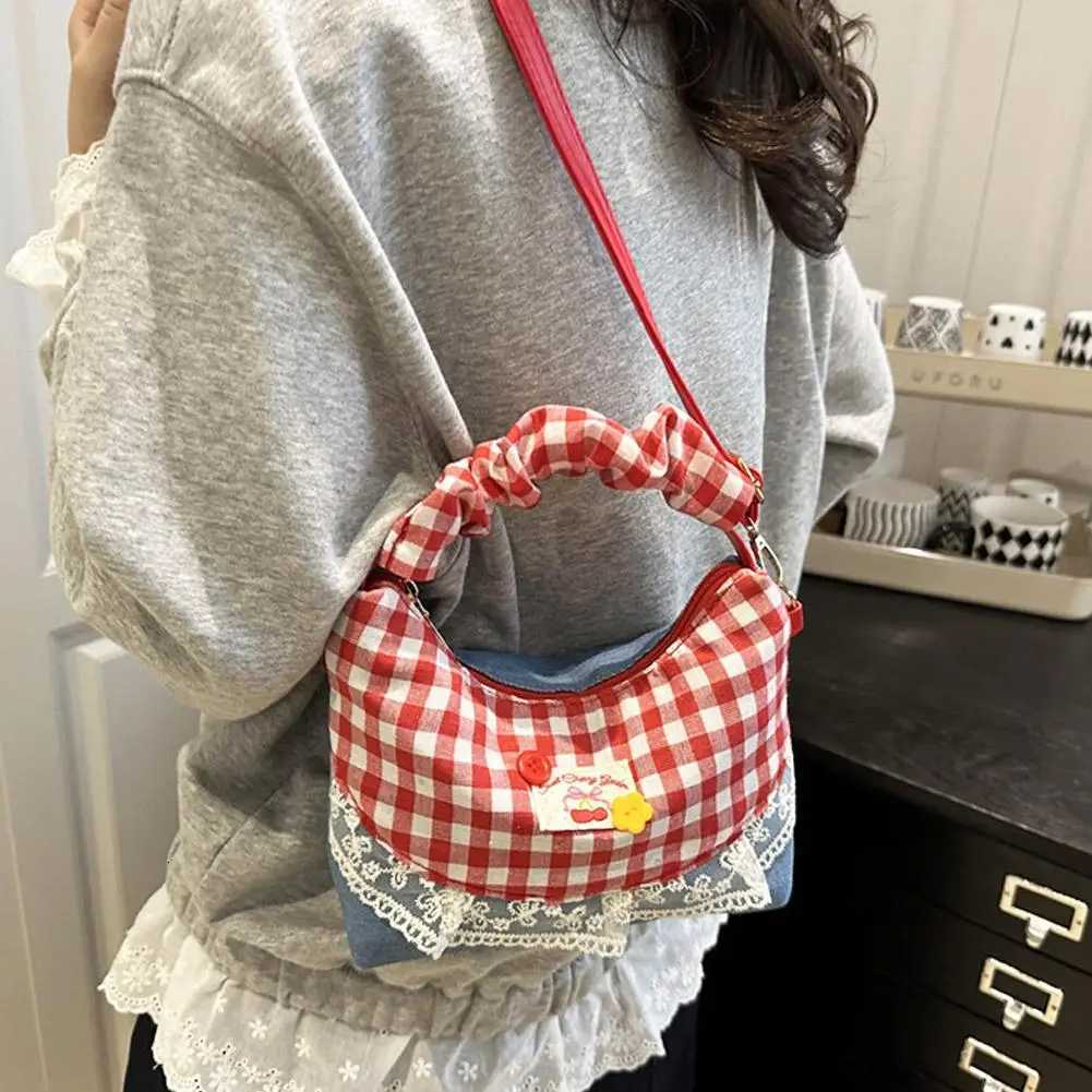 New Lace Plaid Patchwork Handbag French Bow Underarm Bag Small Versatile Cute Sweet Canvas Shoulder Bag Fashion Crossbody BagT251213