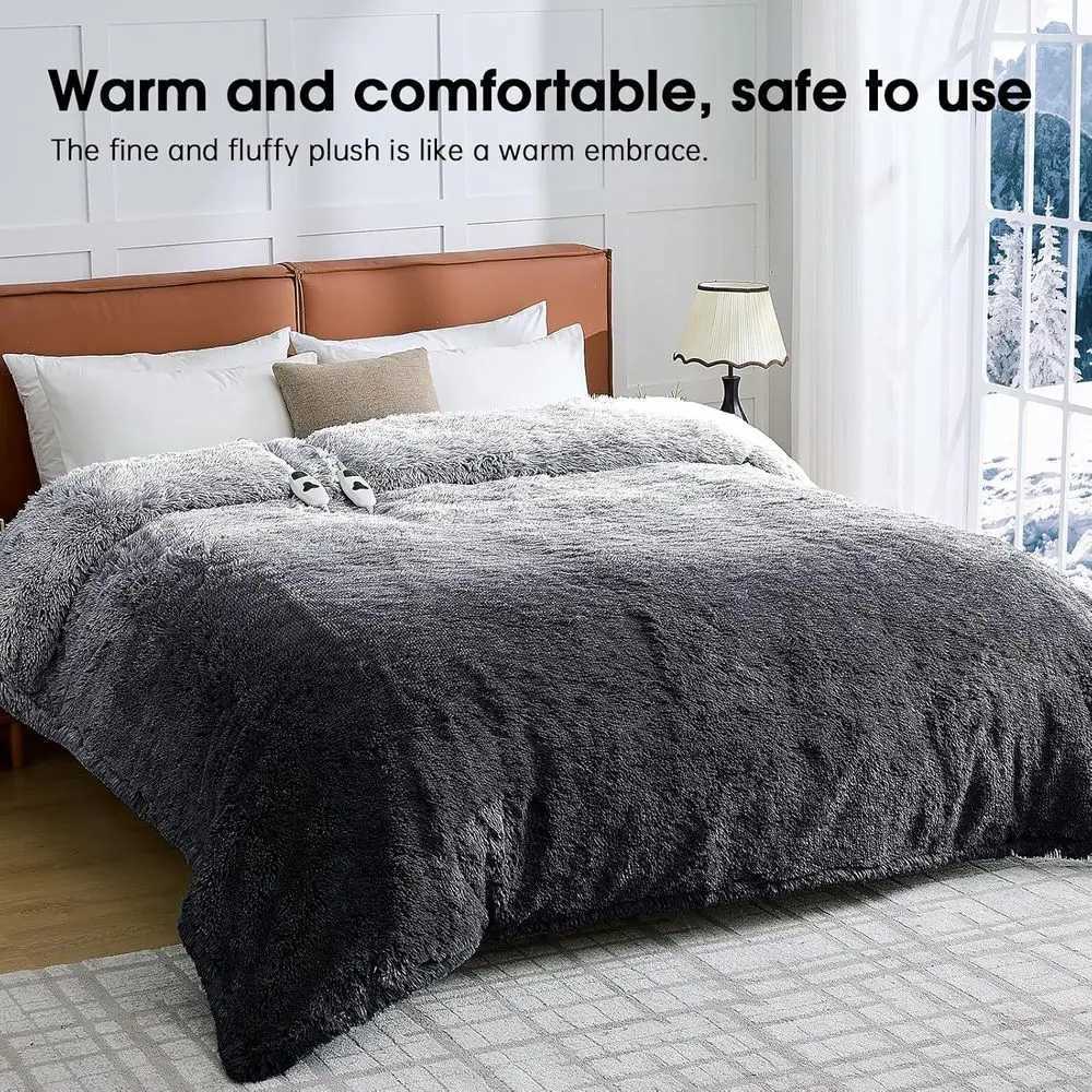 Queen Size Faux Fur Electric Blanket with Sherpa Dual Controls 10 Heat 5 Timer Settings 84x90 Inches Warm Winter Gift Y251212