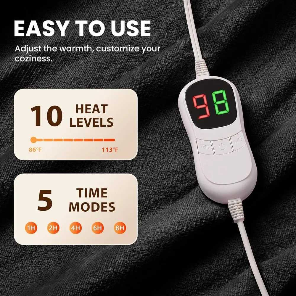 Sleeved Electric Heated Blanket with Foot Pockets - 10-Level Adjustable Auto-Off Flannel Robe for Adults 50x75 Black Y251212