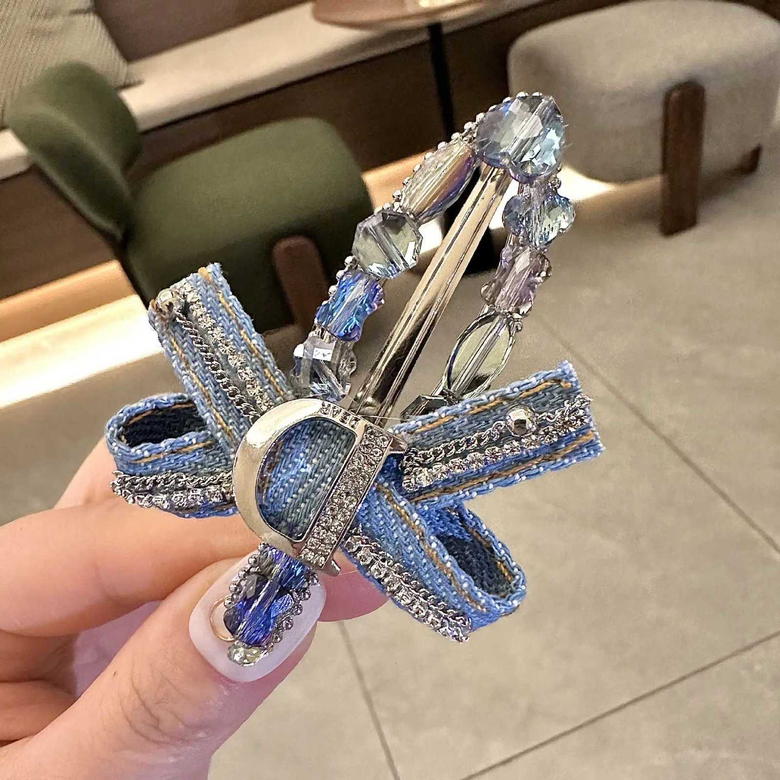 Shiny Diamond Denim Crystal Hair Clips Spring Clips Popular Blue Gemstone Crown Rhinestone Hairgrips Girl Bangs Clips Headdress Y251213