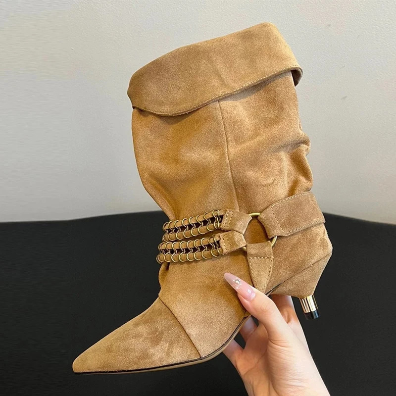 Liyke Fashion Chain Metal Buckle Mid Calf Boots Woman Vintage Pointed Toe Strange Low Thin Heel Autumn Winter Ladies Shoe 251212