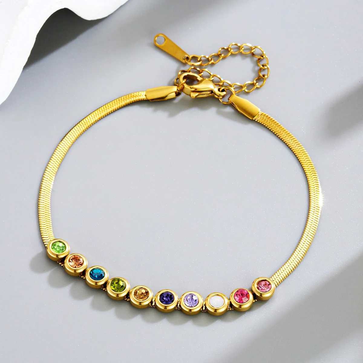 18K Gold Plated Stainless Steel Multi Color Zircon Herringbone Chain for Women M251213