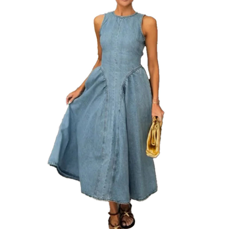 2025 Summer Solid Color Fashion Round Neck MidLength WaistCinching Sleeveless Vest Dress for Women 250526