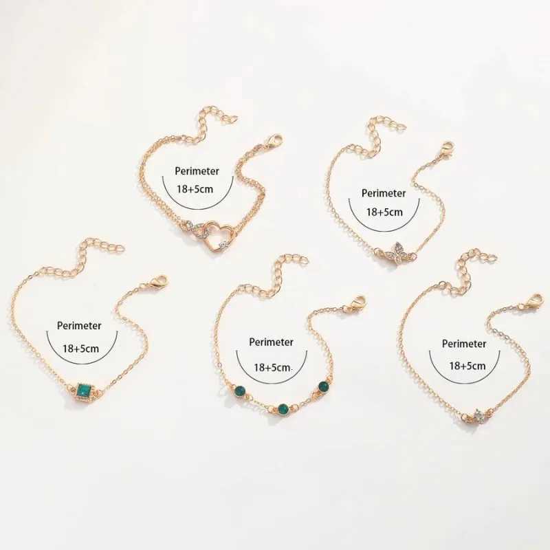 5 PCS Set Hallow Out Heart Green Crystal Stone Set For Women Gold Color Lovely Butterfly Rhinestone Girls Set M251213
