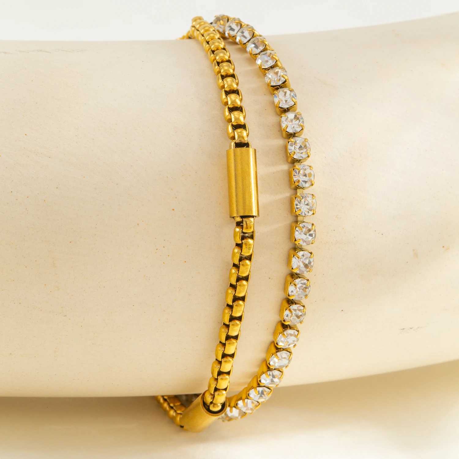 New Fashion Creative Double Layer Stacking CZ Inlaid Stainless Steel Chain Jewelry for Women Hypoallergenic Rustproof M251213