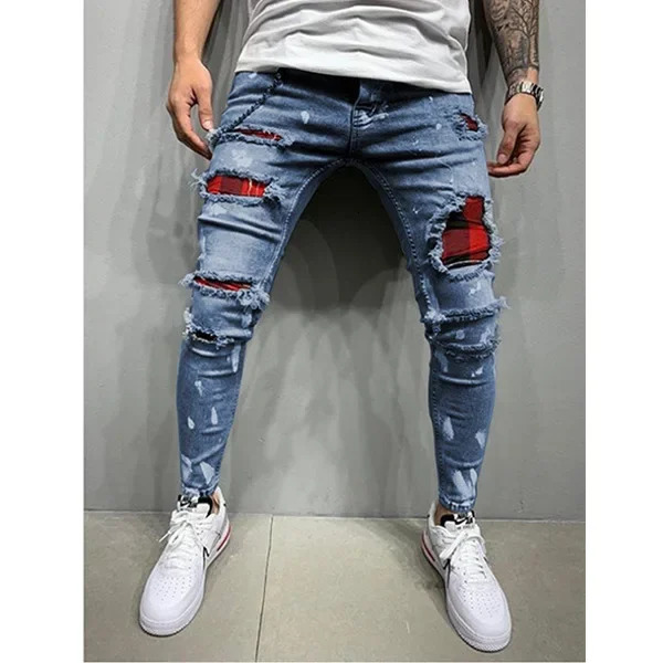 Jeans Pencil Pants Holes Distressed Men Streetwear Denims Patchwork Mid Waist Slim Fit Washed Denim Ankle Length Trousers 251209