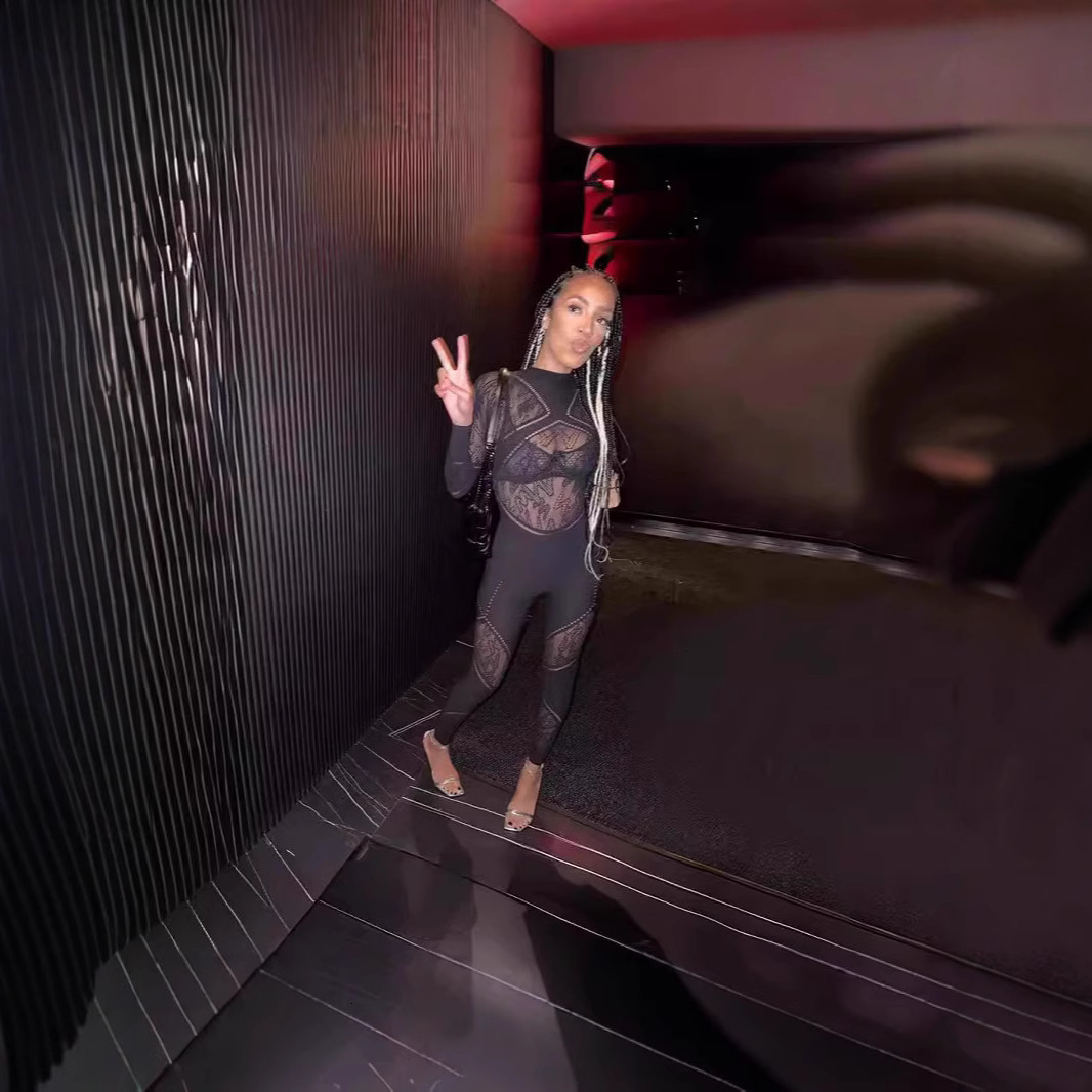 Sexy See Through Mesh jumpsuit womens nightclub party patch work tight long sleeved bodysuit and jumpsuit combination 241125