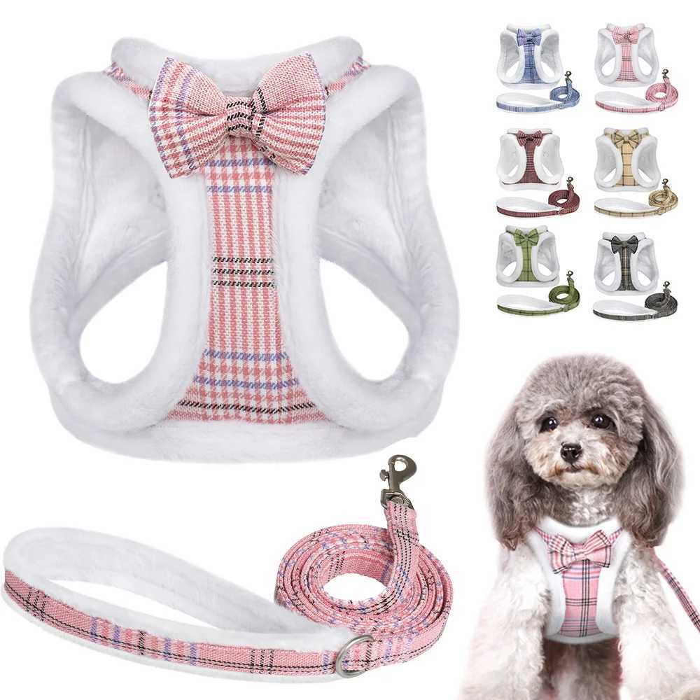 Winter Dog Harness Leash Set Warm Fur Dog Vest And Pet Walking Lead Rope Cute Bowknot Harnesses Soft For Small Medium Dogs Puppy M251213
