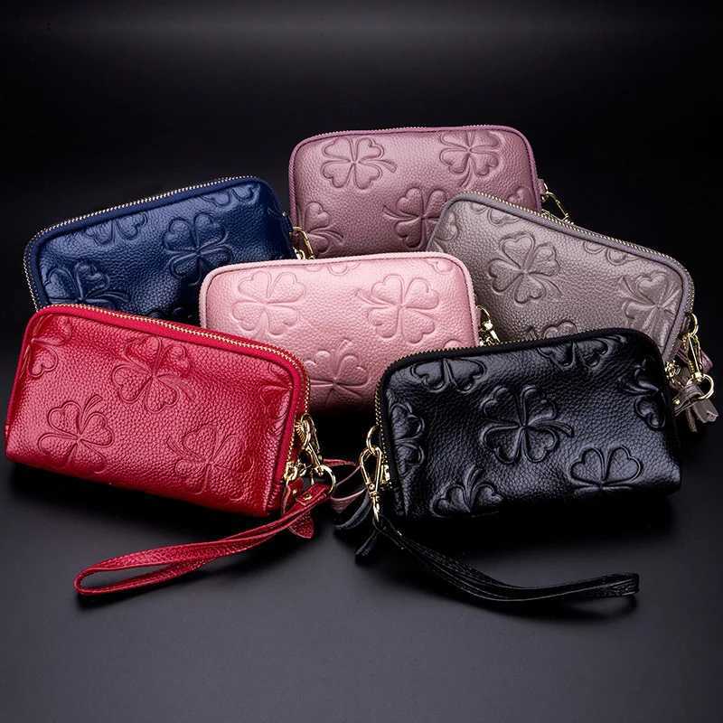 Real Leather Wen Lg Wallet Ladies Double Zipper Coin Purse Four-Leaf Card Holder Fem Cute Mey Bag Luxury Cluh Y251213