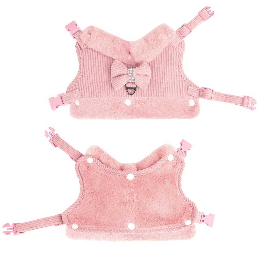Warm Winter Dog Harness Leash Set Cute Bowknow Puppy Small Dog Vest Harness Soft Fur Collar Vest With Bowtie For Pug Yorkie Pink M251213