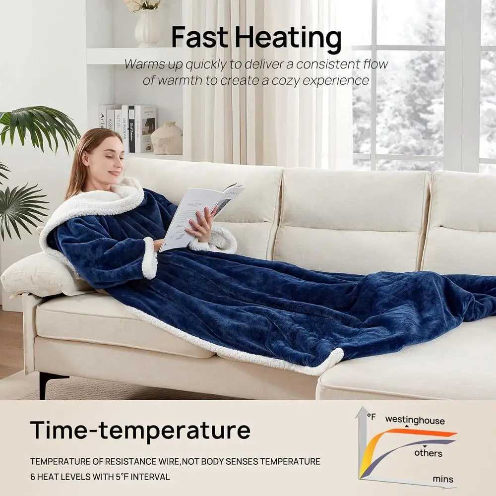 Navy Electric Throw Blanket with Foot Pocket 6 Heat Settings 2-10 Hours Timer 50x7018 Wearable with Sleeves Y251212