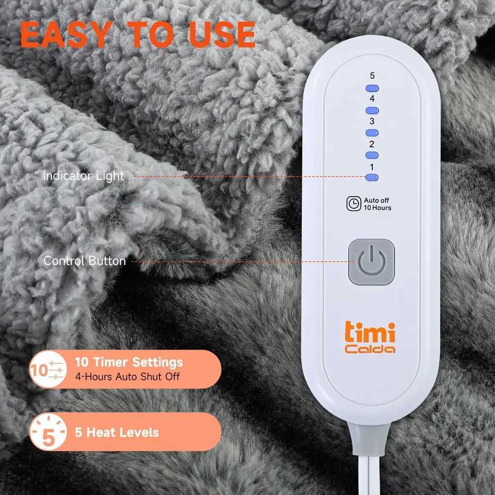 King Size Electric Faux Fur Blanket - 100x90 with 5 Heat Settings 10-Hour Auto-Off Grey Y251212