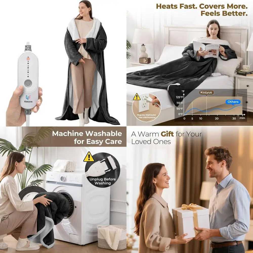 Electric Heated Blanket with Foot and Sleeve Pockets 5-Level Warmth Auto-Off Washable Grey Unisex 50x70 Y251212