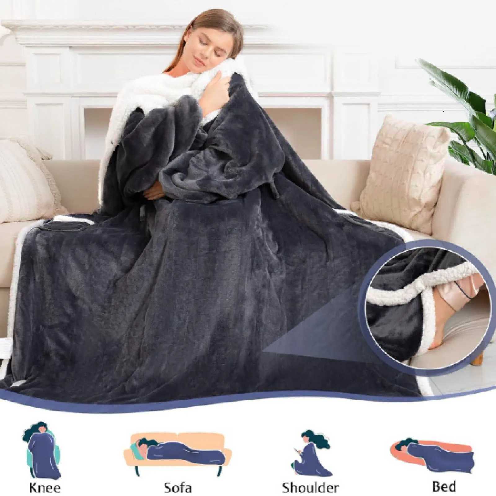 Heated Blanket with Sleeves Hood and Foot Pocket Flannel 10 Heating Level Electric Wearable Blanket with 3 Time Setting 50x70in Y251212