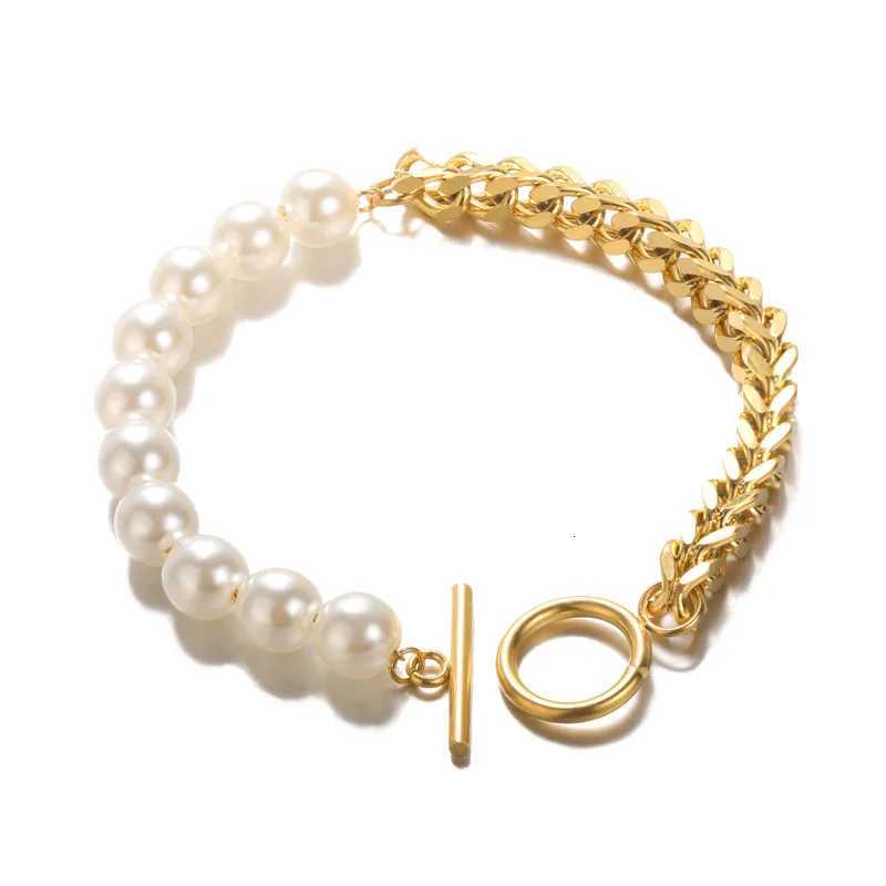 Ins Style Unique Design Feel Personality Cuban Chain Combine Imitation Pearl OT Clasp Stainless Steel for Women M251213