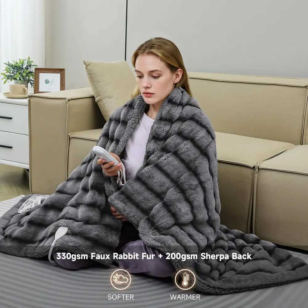 King Size Electric Faux Fur Blanket - 100x90 with 5 Heat Settings 10-Hour Auto-Off Grey Y251212