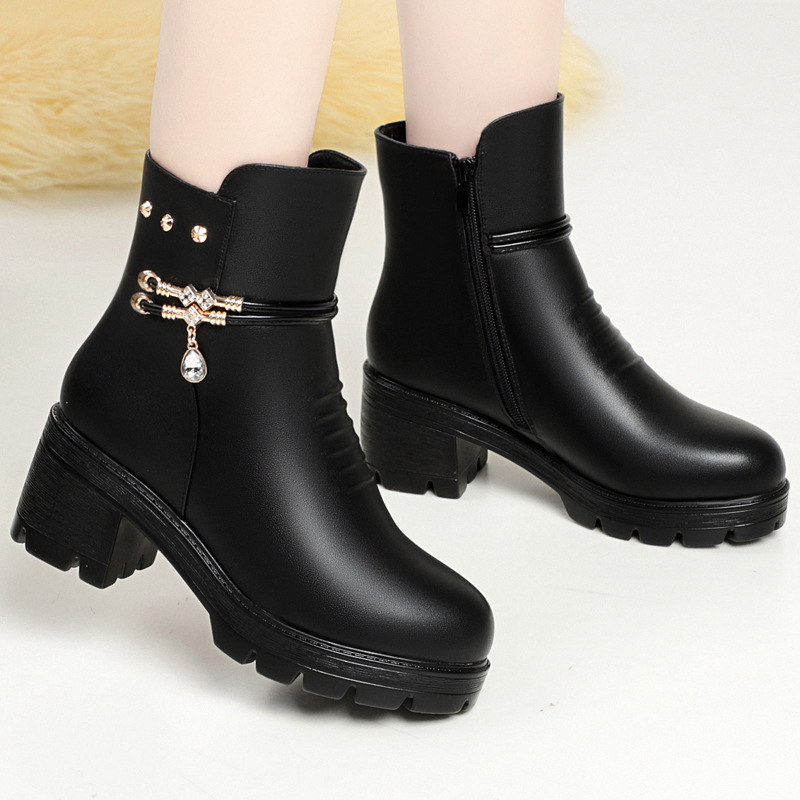 Free Shipping 2025 Genuine Soft Leather Women's Winter Boots, Plush Lined Chunky Mid Heel Thermal Ankle Boots Comfortable & Warm