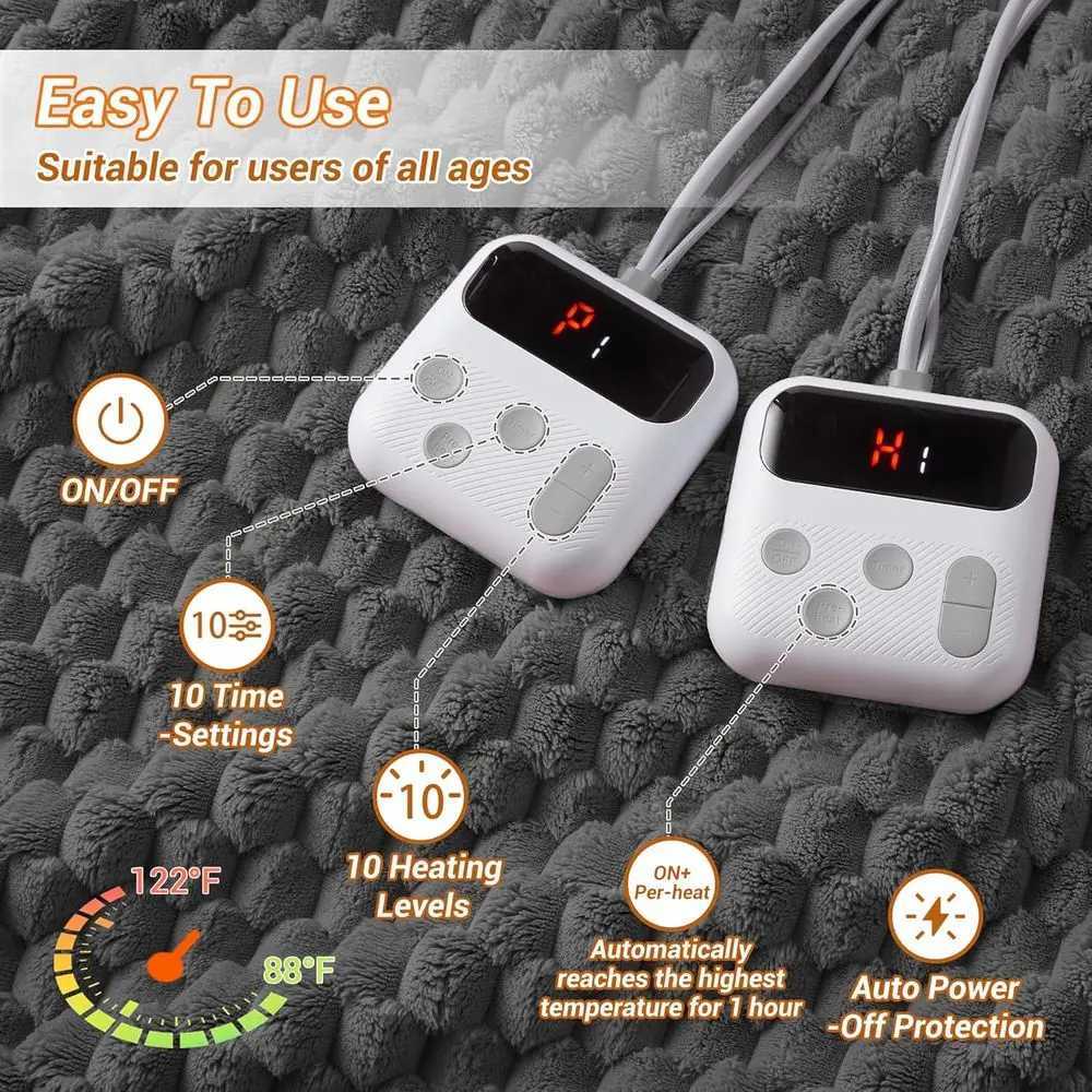 King Size Electric Blanket 90x100 Dual Controls 10 Heat Levels Auto-Off Soft Fleece Washable Grey Y251212