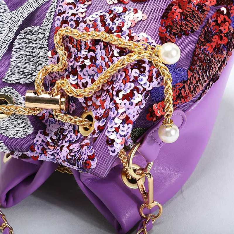 Ladies Crossbody Bag Floral Embroidered Sequined Patchwork Contrast-Colour Trendy Elegant Womens Drawstring Chain Bucket BagT251213