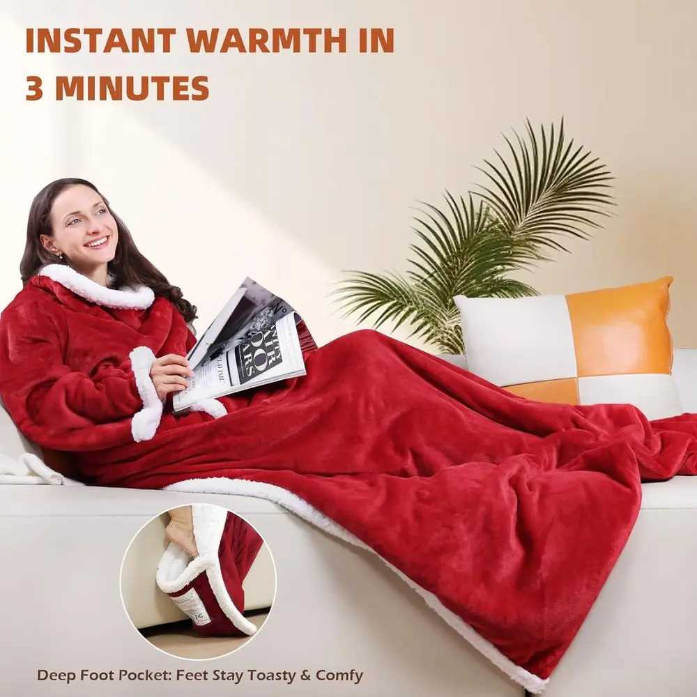 Sleeved Electric Throw Blanket with Foot Pocket 6 Heat Levels 70x50 Plush Flannel Sherpa Wine Red Y251212