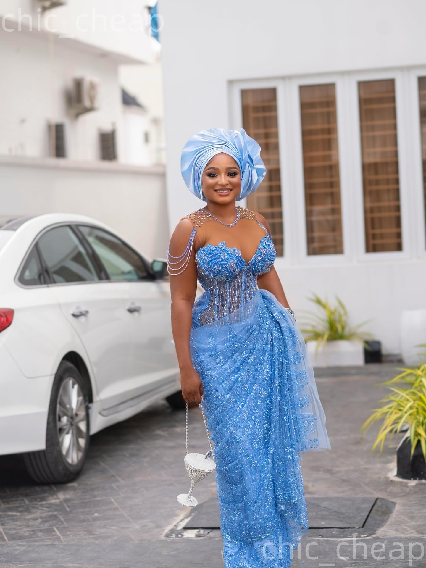 Aso Ebi Light Sky Blue Sheath Prom Dresses 2026 Sheer Neck Beaded Evening Formal Party Second Birthday Engagement Gowns Plus Size Dress For Special Oc