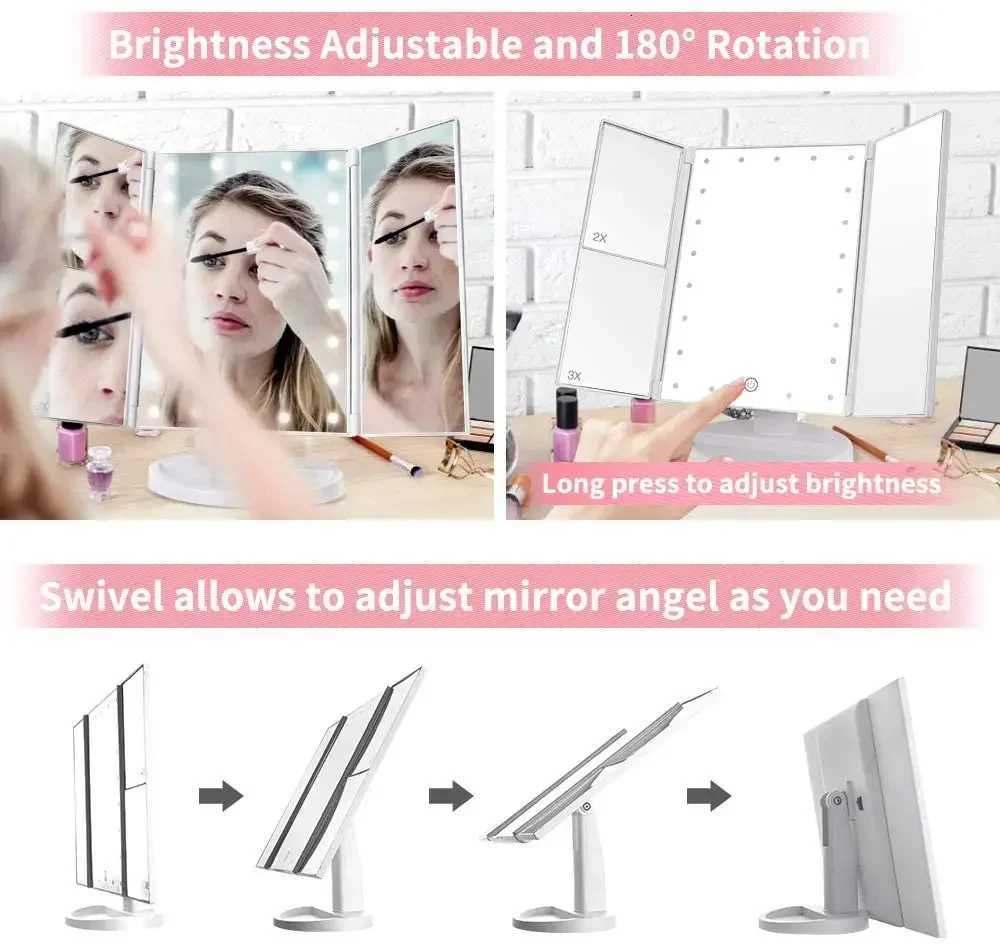 2X 3X Magnification Makeup Mirror Triple Told 22LED Lampstand Vanity Mirror Supports USB and Dry Battery Charging Square MirrorT251213