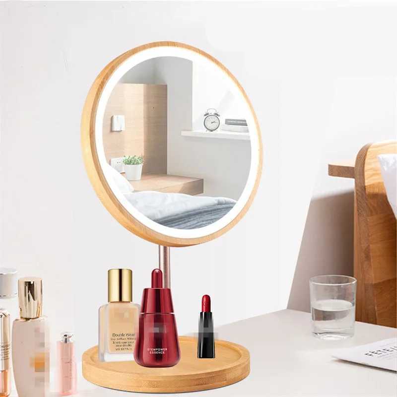 USB Rechargeable 1PC Wood Makeup Mirror 3 Modes With LED Light Daylight Vanity Mirror With Detachable Storage Base GiftT251213
