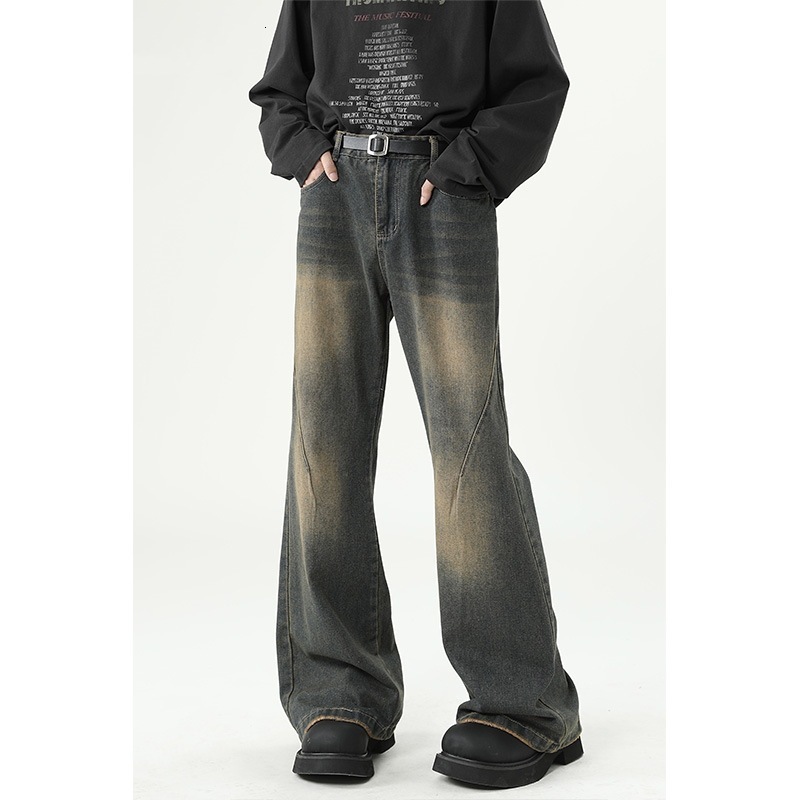 Straight-Leg Flared Jeans Mens Trendy American Style Washed Long Pants Design Sense Vintage Casual Wide-Leg Pants