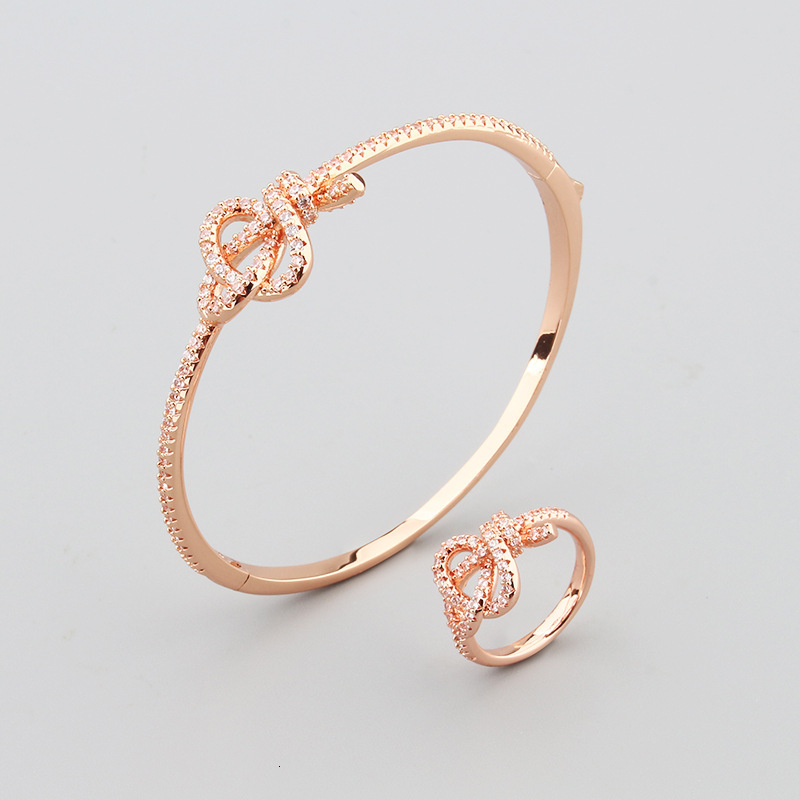 Simple Creative Knot Bow Bracelet Ring Set Elegant Unisex Copper Gold-Plated Micro-Inlaid Zircon Jewelry