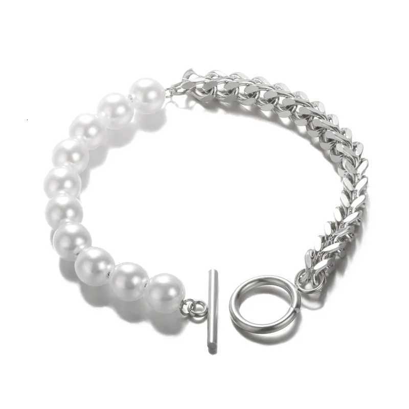 Ins Style Unique Design Feel Personality Cuban Chain Combine Imitation Pearl OT Clasp Stainless Steel for Women M251213