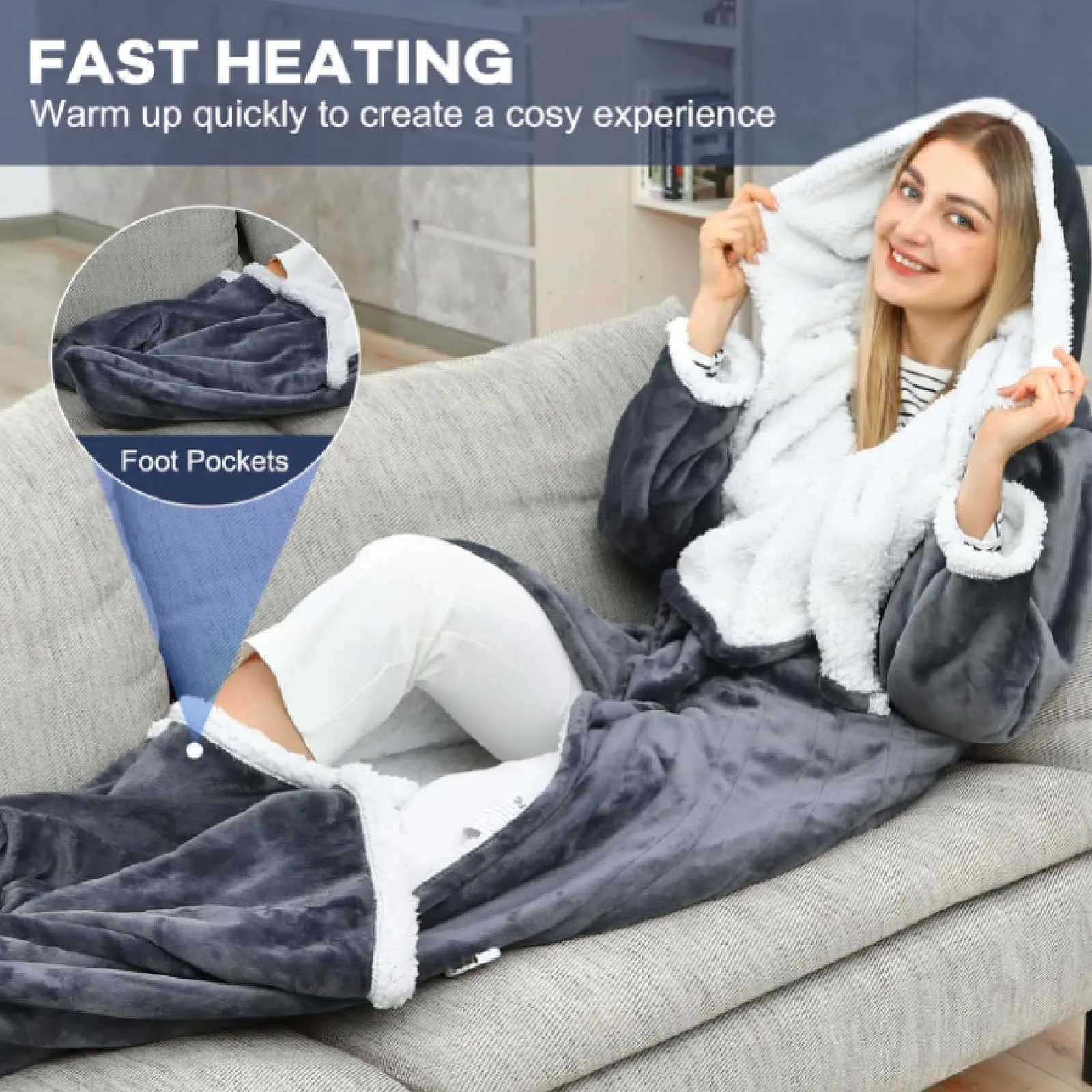 Heated Blanket with Sleeves Hood and Foot Pocket Flannel 10 Heating Levels Electric Wearable Blanket with 3 Time Settings Y251212
