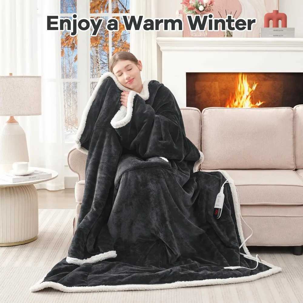 Wearable Electric Heated Blanket with Foot Pocket Sleeves 6 Heat Levels Auto Shut Off Machine Washable Y251212
