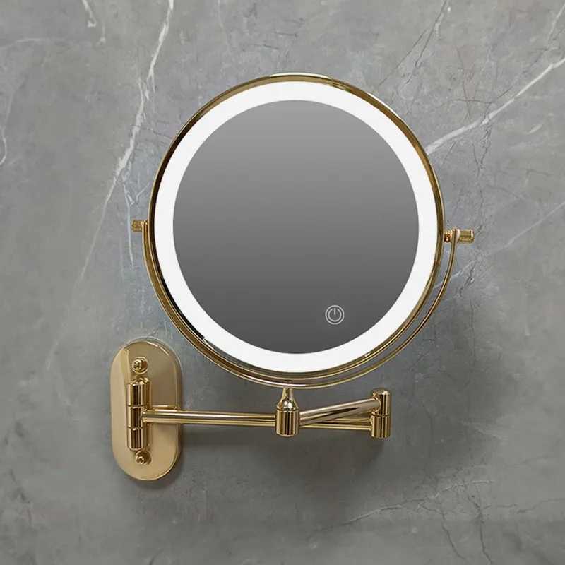 Golden Wall Folding Makeup Mirror Double Side Fill Light Magnifying USB Charging Led Tricolor Dimming Bathroom Cosmetic MirrorsT251213